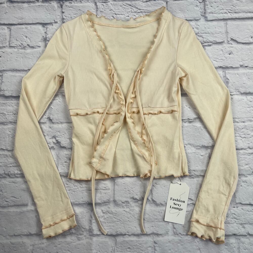 J1567 Ruffle Front Tie Cream Cardigan Size Small